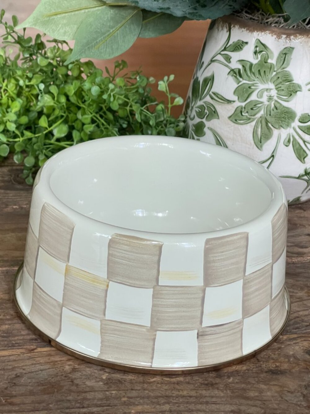 MacKenzie-Childs Mocha Check Medium Pet Dish – 16 oz Enamel Bowl-NWT